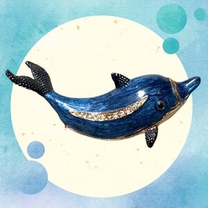 Blue Dolphin Enamel Hinged Magnetic Rhinestone Jewelry Trinket Box 3.5"